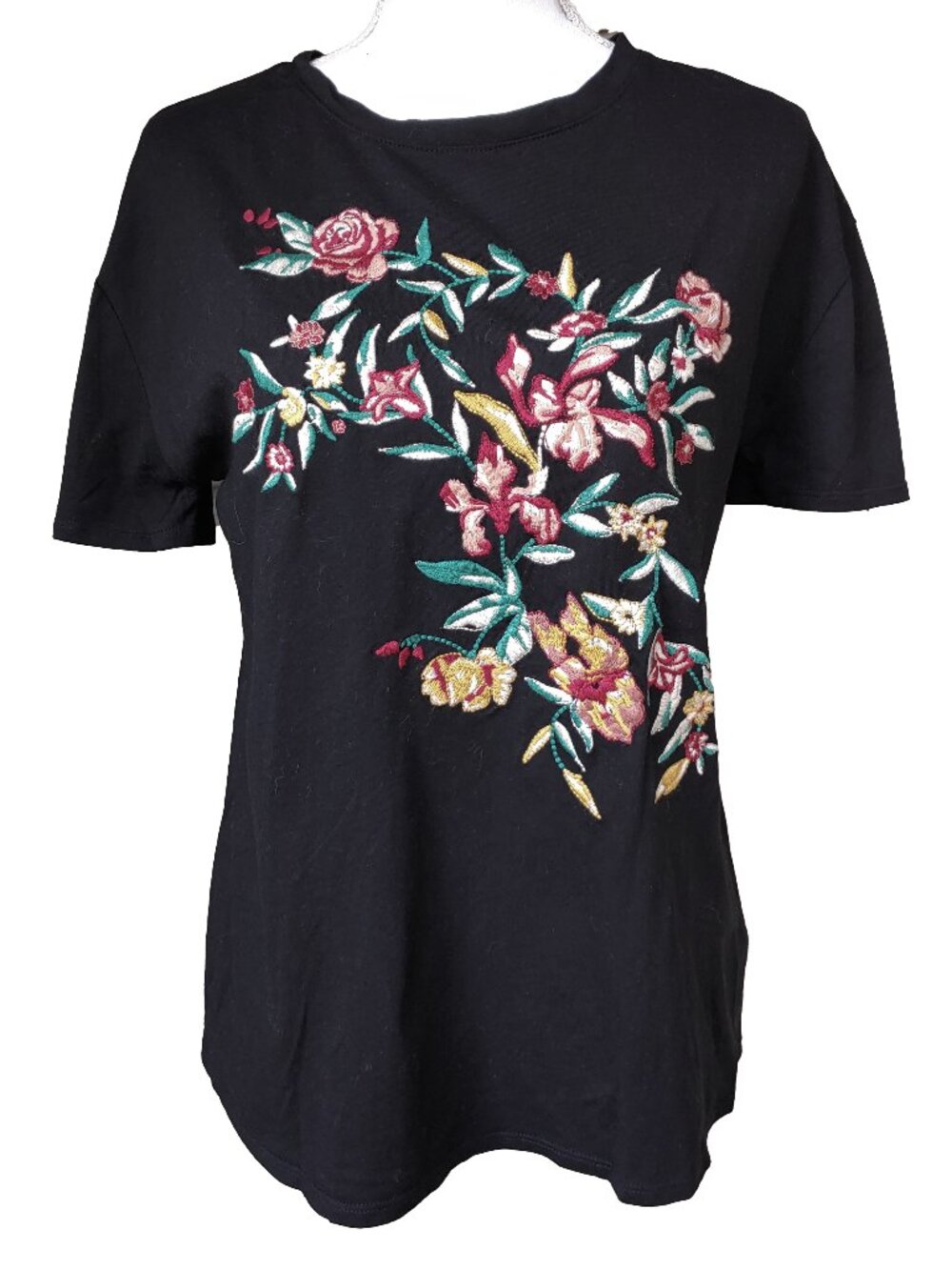 Embroidered T Shirt Black 100% Cotton Short Sleeve BreathableCrew Neck